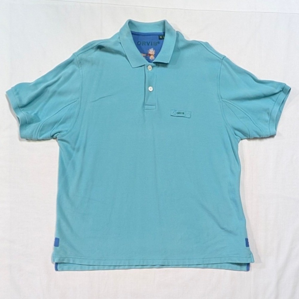 Orvis Men's XL Short Sleeve Polo Shirt Turquoise Blue Cotton